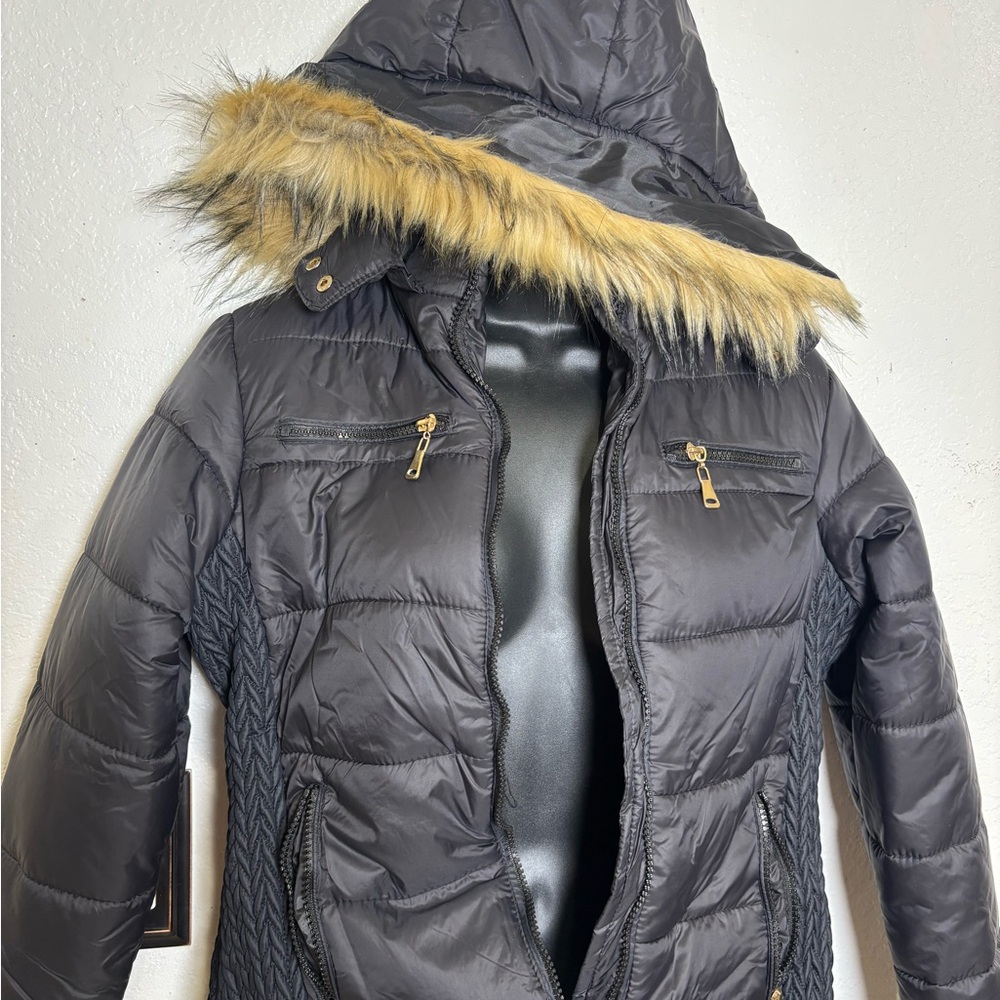 Women's Black Quilted Jacket with Faux Fur Hood
